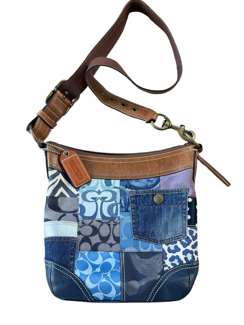 Coach Y2K Denim Patchwork Shoulder Crossbody Bag Whiskey Leather Brass  Hangtag